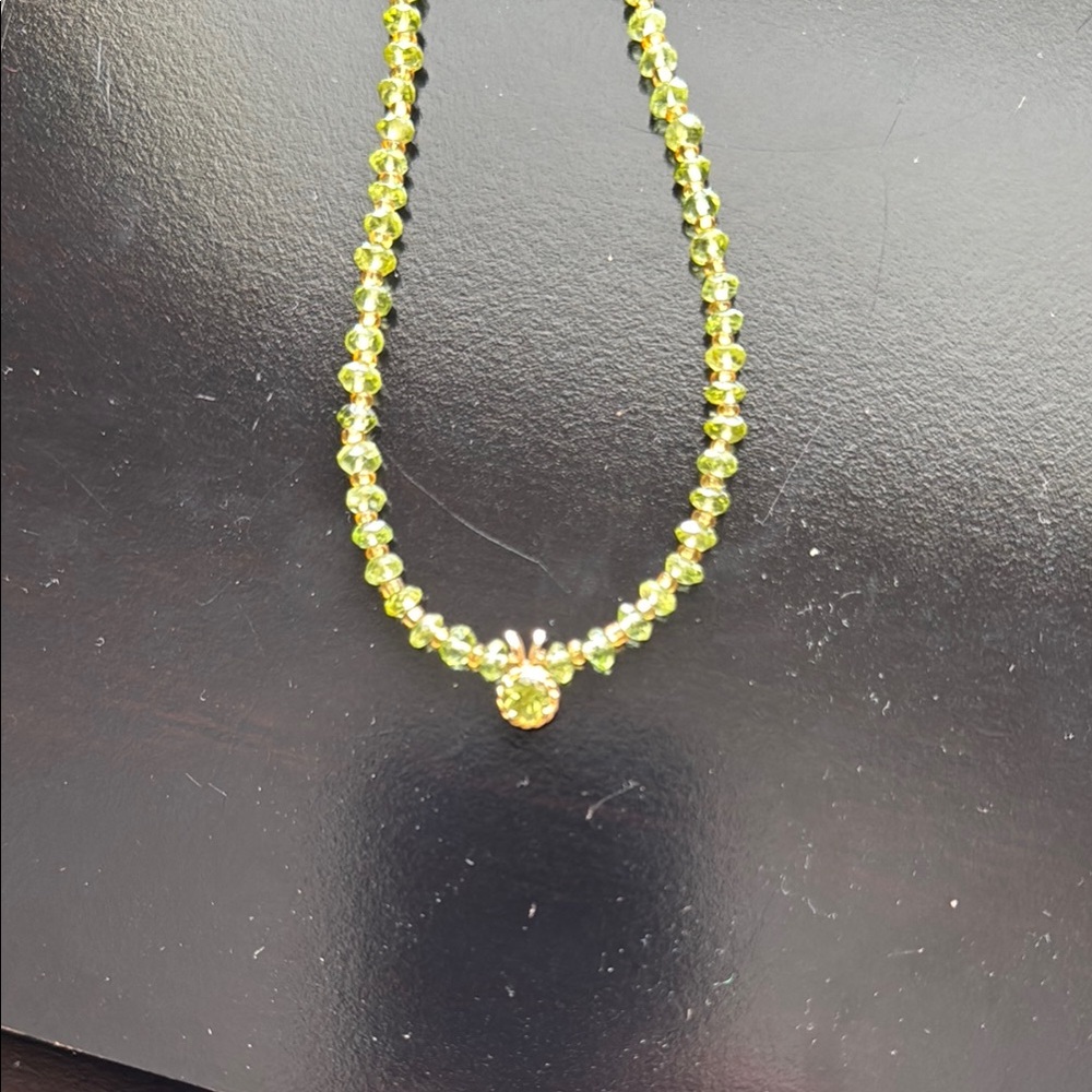 Elegant Peridot Beaded Necklace with petite gold and peridot pendant